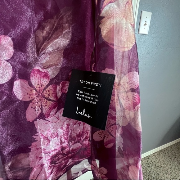 Lulus NWT Flair Wine Red Floral Organza Puff Sleeve Baby Doll Shift Mini Dress S - Picture 7 of 11